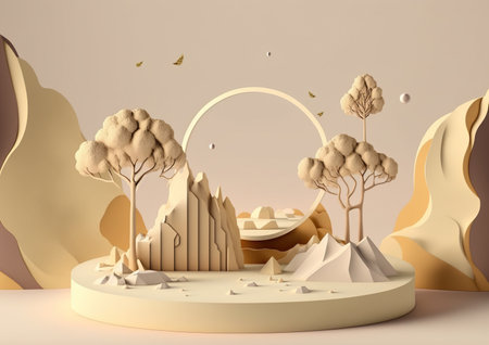 3d render of abstract minimal geometric forms. Glossy podium for product presentation with autumn trees.の写真素材