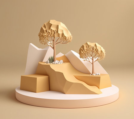 3d abstract geometric forms. Minimal scene with podiums and trees. 3d render illustrationの写真素材