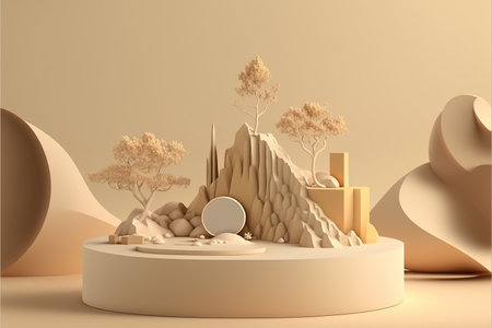 3d render of podium for product presentation. Minimal scene with podiums and trees.の写真素材