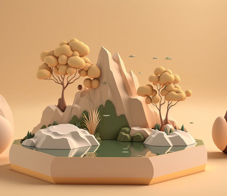 3d render of desert with trees and rocks in pastel colorsの写真素材