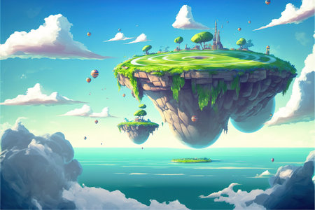 Fantasy island in the sky. 3D illustration. Digital painting.の写真素材