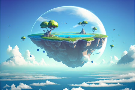 Illustration of a floating island with trees and a planet in the skyの写真素材