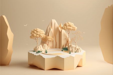 3d render of minimal display podium for product presentation. Podium with abstract trees.の写真素材