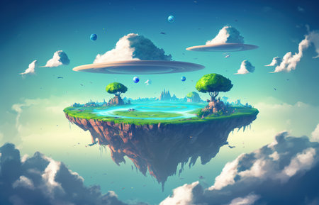 Fantasy island with trees and planets floating in the sky. 3d renderingの写真素材
