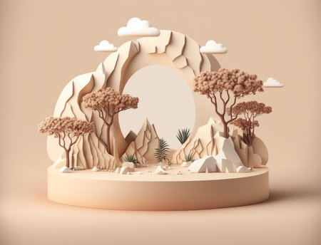 3d render of minimal display podium with desert background. Minimal scene for product presentation.の写真素材