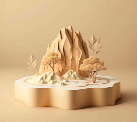 3d render, abstract minimal scene with podiums and trees.の写真素材