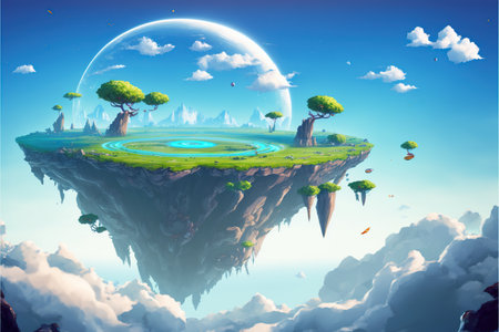 Fantasy landscape with trees and planet in the sky.の写真素材