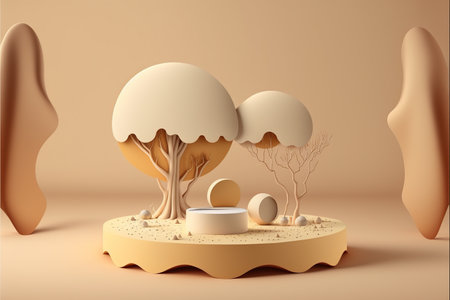 3d render of minimal display podium for product design. Pedestal or platform with abstract tree.の写真素材