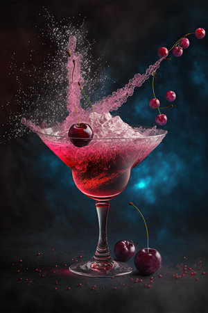 Cocktail with cherry splash on black background. 3d illustrationの素材