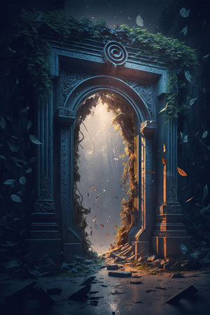 Mysterious ancient door in the forest. 3D illustration.の素材