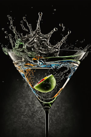 Cocktail in martini glass with splash, isolated on black backgroundの素材