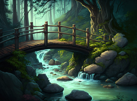 Digital painting of a wooden bridge over a river in a fantasy forestの素材