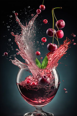 Cherry fruit splashing into a glass of wine on a dark backgroundの素材