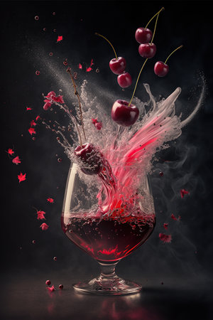 Red cherry splashing out of a glass of wine with flying cherriesの素材