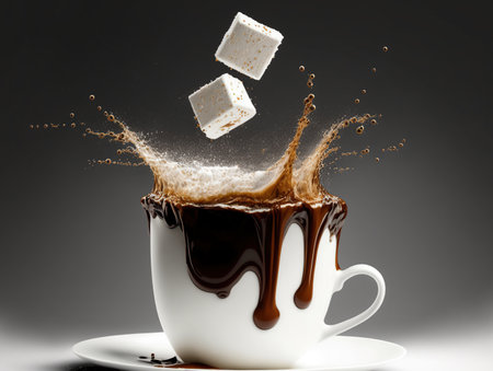 Cup of coffee with sugar cubes and splashes on dark backgroundの写真素材