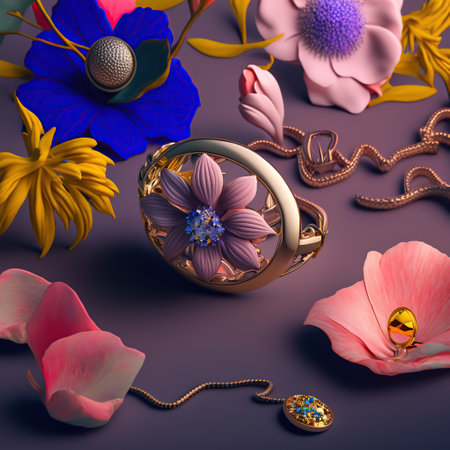 3d illustration of a golden ring surrounded by flowers and jewelry.の写真素材