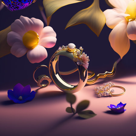 Wedding rings on a background of flowers. 3d illustrationの写真素材