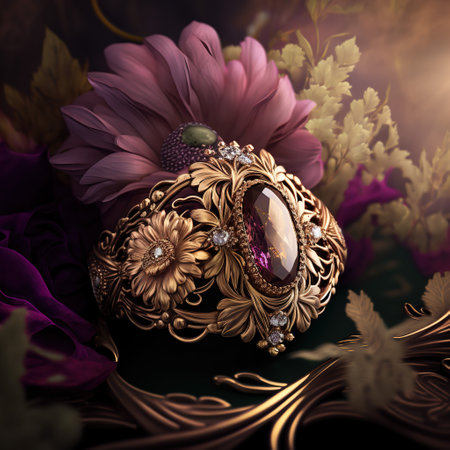 Jewelry ring with precious stones and flowers on a dark backgroundの写真素材