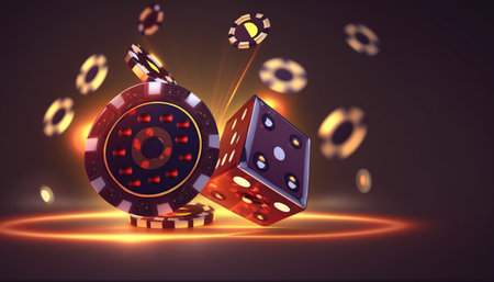 Realistic vector illustration of casino chips and dices on dark backgroundの写真素材