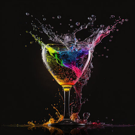 Colorful cocktail splashing out of a glass on a black backgroundの写真素材