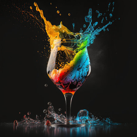 Colorful splashes of wine in a glass on a black backgroundの写真素材