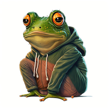 illustration of a frog sitting on a white background with a jacketの写真素材