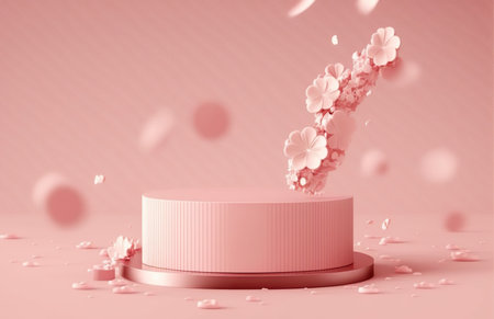 3d render of pink podium with cherry blossom petals and petalsの写真素材