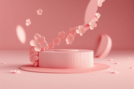 3d render of minimal product display podium with cherry blossom petals and hearts.の写真素材