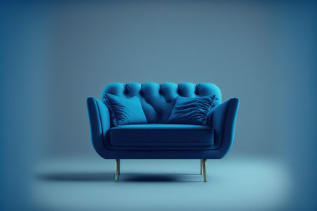 Blue leather armchair with pillows on a blue background. 3d renderingの写真素材