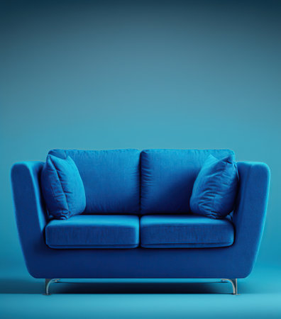 Blue modern sofa with pillows on blue background. 3d renderの写真素材