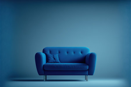 Blue sofa on blue wall background. 3D rendering. Mock upの写真素材