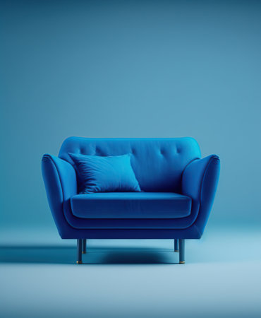 Blue armchair with pillows on blue background. 3d renderの写真素材