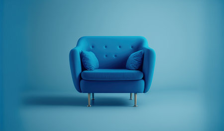 Blue armchair with pillows on a blue background. 3d renderingの写真素材
