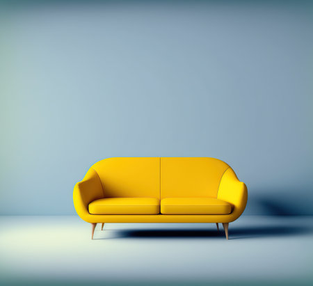 Yellow sofa in blue interior. 3D render. Illustration.の写真素材