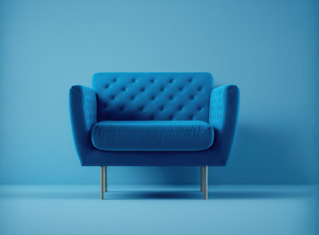Blue armchair on blue wall background. Minimalistic concept. 3D Renderingの写真素材