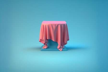 Table with red tablecloth on blue background. 3d render illustrationの写真素材