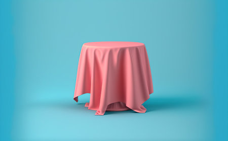 3d rendering of pink tablecloth isolated on blue background with shadowの写真素材