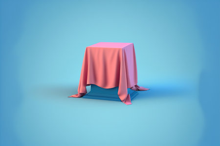 3d rendering of a pedestal with a red cloth on a blue backgroundの写真素材
