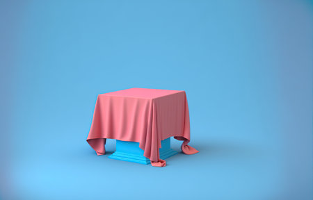 Table with red cloth on blue background. 3d render illustration.の写真素材
