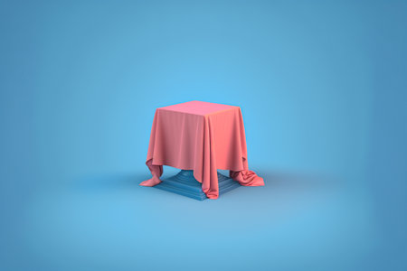 Table with a red cloth on a blue background. 3d renderingの写真素材