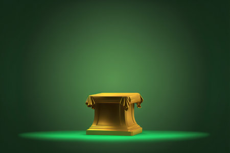 golden pedestal on green background with spotlights. 3d renderingの写真素材