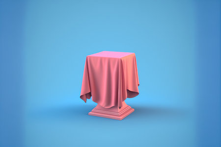 3d rendering of a pink tablecloth on blue background with shadowの写真素材