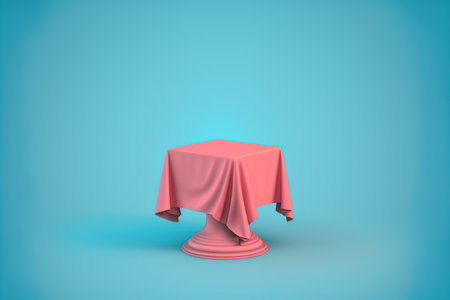 Table with tablecloth on a blue background. 3D Renderingの写真素材