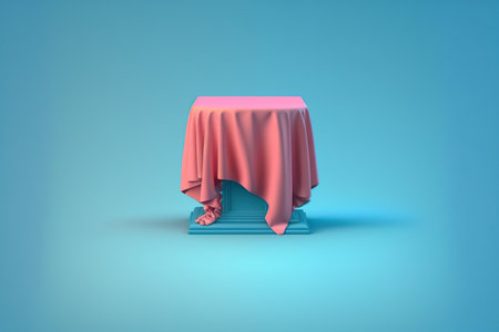 Table with a red tablecloth on a blue background. 3d renderingの写真素材