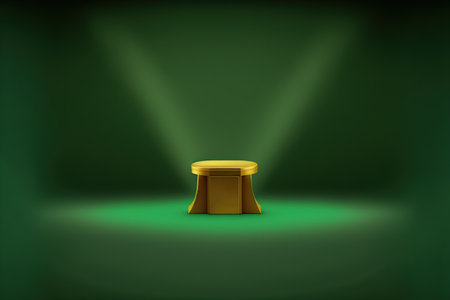 Illustration of a podium illuminated by spotlights on a green backgroundの写真素材