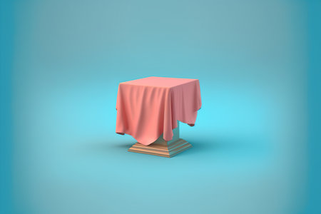 Table with tablecloth, 3d render on blue background with shadowの写真素材