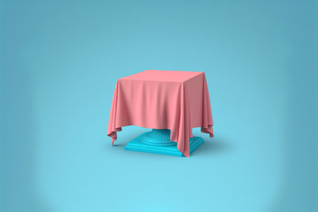 3d rendering of a table with a red cloth on a blue backgroundの写真素材