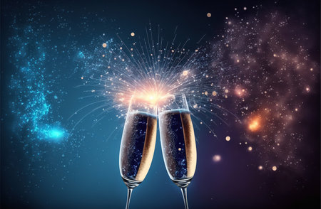 Glasses of champagne with sparks and fireworks on a dark blue backgroundの写真素材