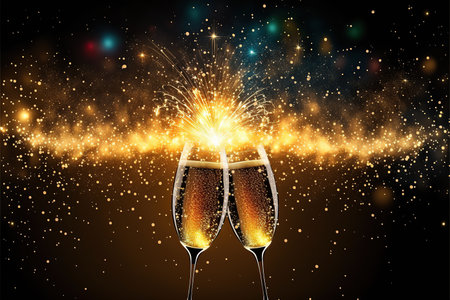 Glasses of champagne with sparkles and fireworks on a dark backgroundの写真素材