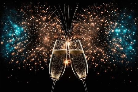 Glasses of champagne with fireworks on black background, New Year celebrationの写真素材